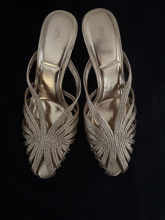 Zara Shoes - ZARA Champagne Metallic Strappy Slide Sandals Women's US 9 EU 40 Elegant Party